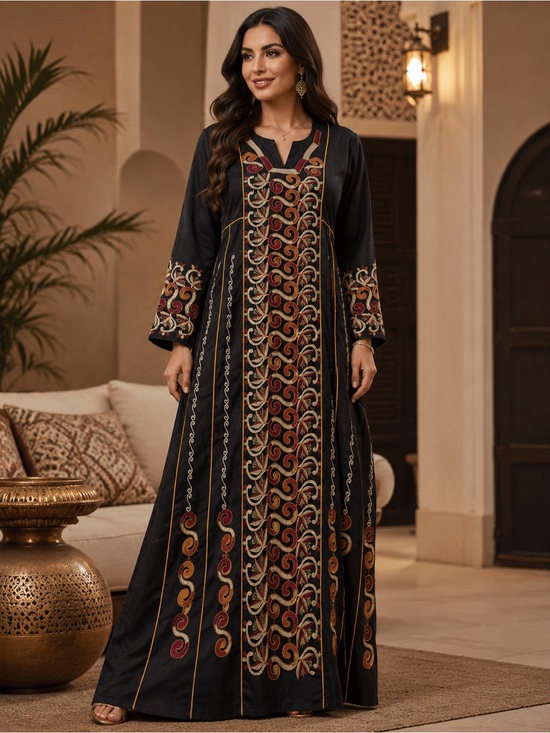 Made in dubai Dresses & Skirts - Galabiya kaftan Embroidered Black Maxi Dress with Red & Gold Accents